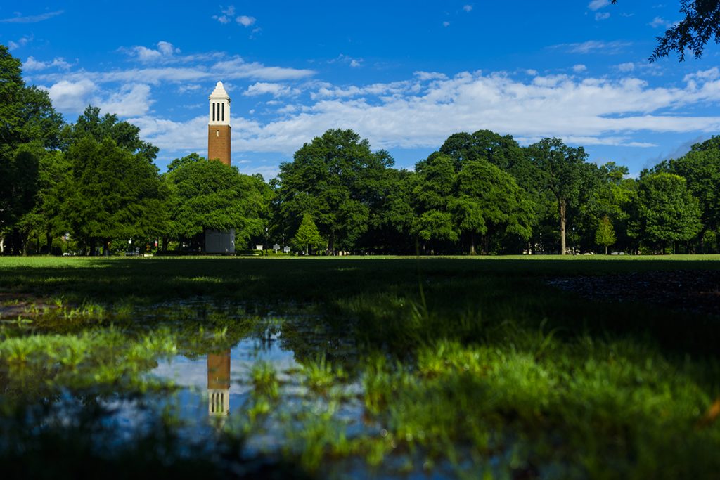 Denny Chimes tower surrounded by green trees reflected in puddle of water in the grass.
