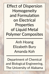Effect of Dispersion Homogeneity and Formulation on Electrical Properties of Liquid Metal Polymer Composites, by Anh Hoang, Elizabeth Bury, and Amanda Koh from the Department of Chemical and Biological Engineering at the University of Alabama.